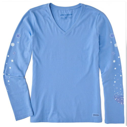Women's Winter Heart Snowflakes Long Sleeve Crusher Vee